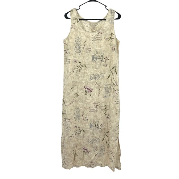 Linen Midi Dress M Sleeveless Floral Botanical Natural Boho Cottage Artsy - Picture 1 of 6